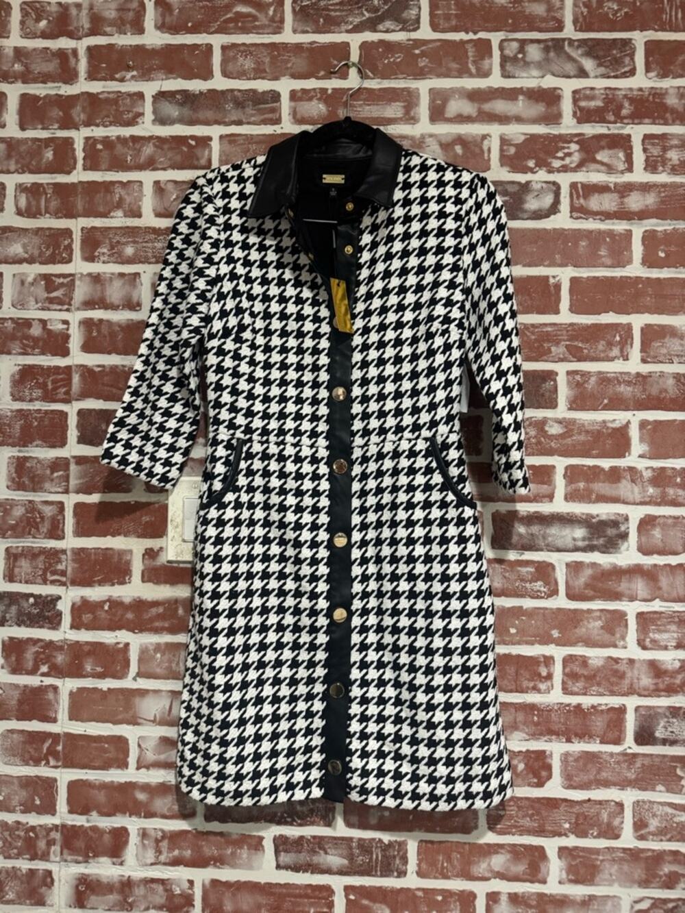NWT Alexia Admor Houndstooth Shirt Dress Faux Leather Trim Gold Buttons Size 4